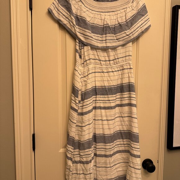 Lightweight White and Navy Striped Dress - Off the Shoulder - Flowy - Like New - Picture 2 of 3